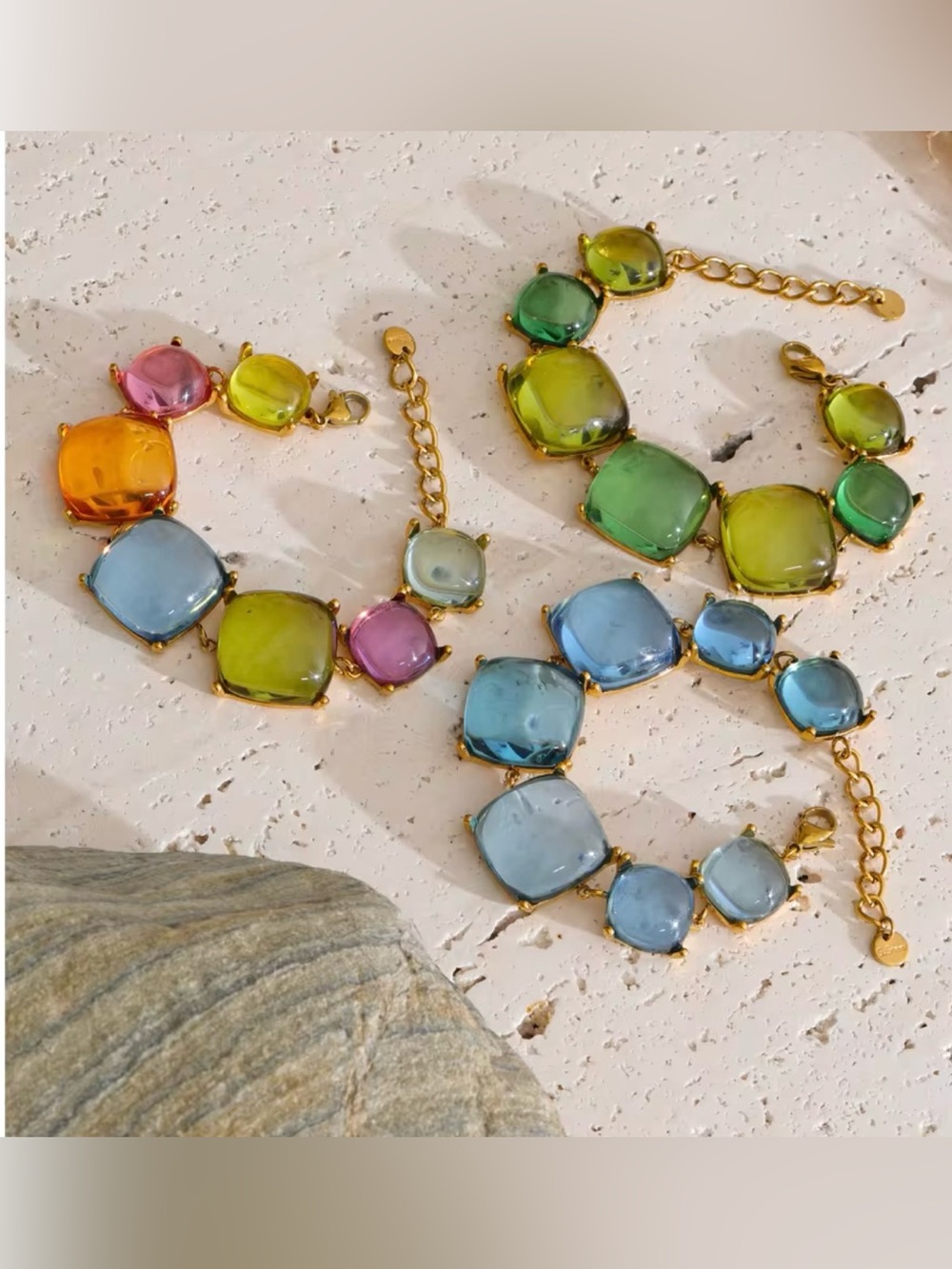 Rainbow Resin Bracelet | Gold Plated Stainless Steel |Colorful Statement Jewelry - Picture 3 of 4